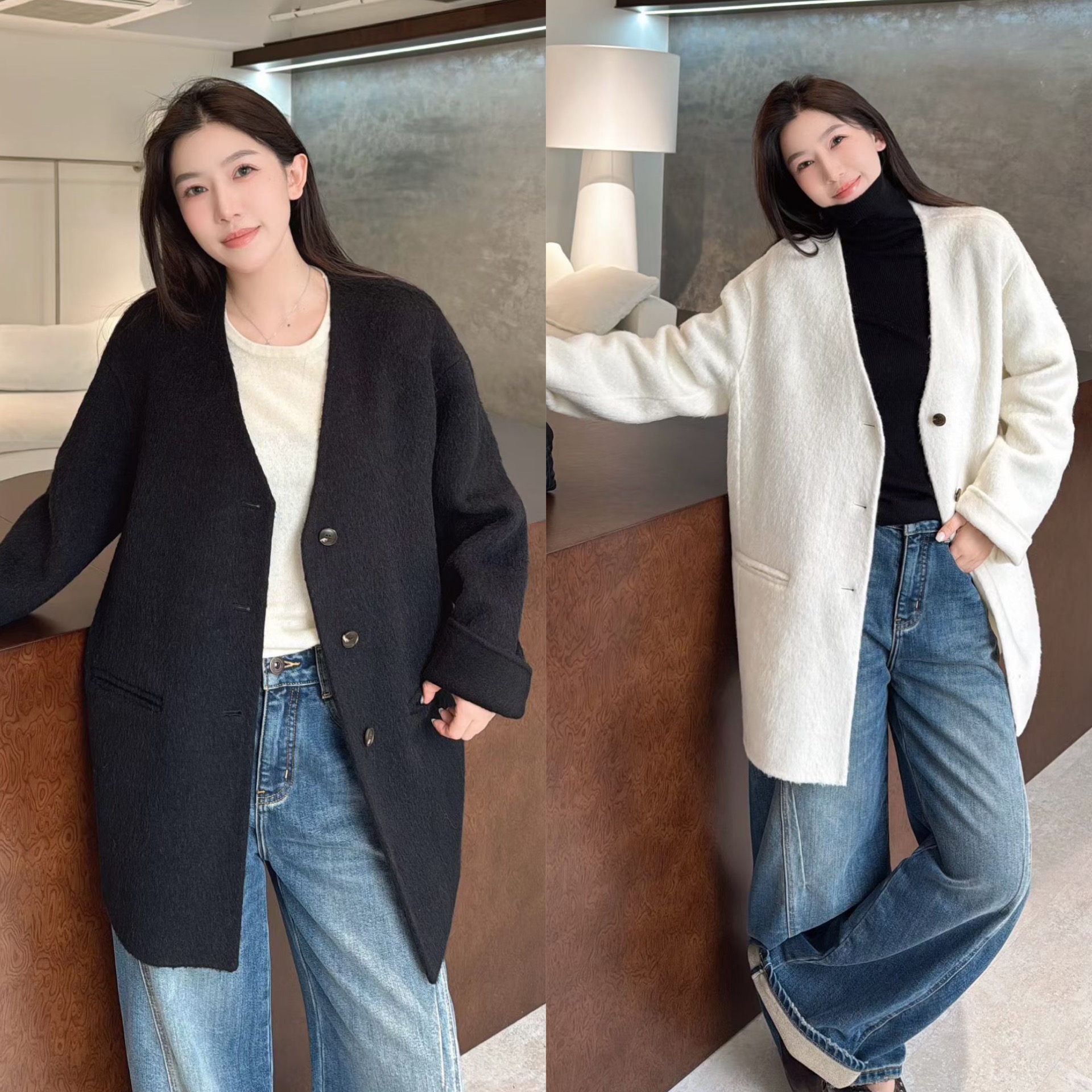 欧洲站2025冬季欧货气质V领三粒扣净版一手长高级感双面羊绒大衣