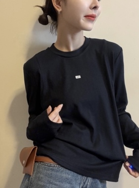 欧洲站2026春季新款圆领洋气字母小贴标T恤百搭宽松长袖打底上衣