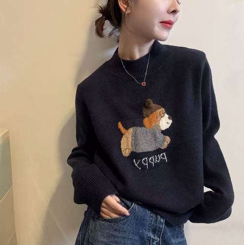 欧洲站2025冬季新款韩味圆领可爱卡通小狗提花针织衫减龄套头毛衣