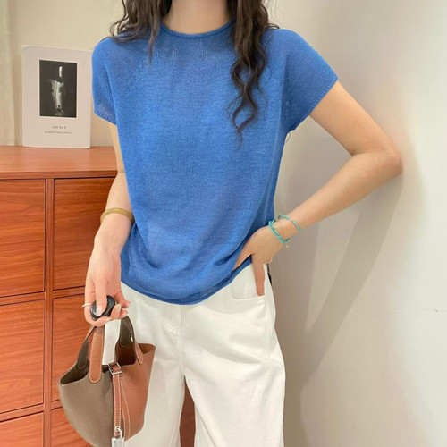 欧洲站2026春夏新款洋气卷边立领薄款百搭纯色套头亚麻针织衫上衣