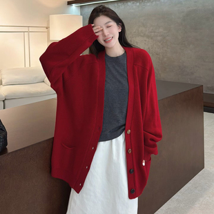 外套 羊毛针织开衫 欧洲站2025秋季 欧货气质V领落肩慵懒风纯色大版