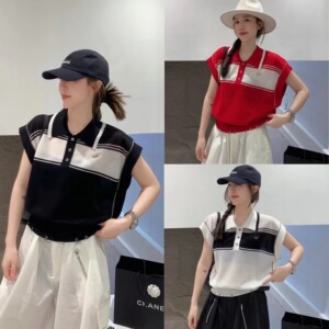 欧洲站2024夏季学院风POLO领条纹拼色金属字母定标薄款针织上衣潮