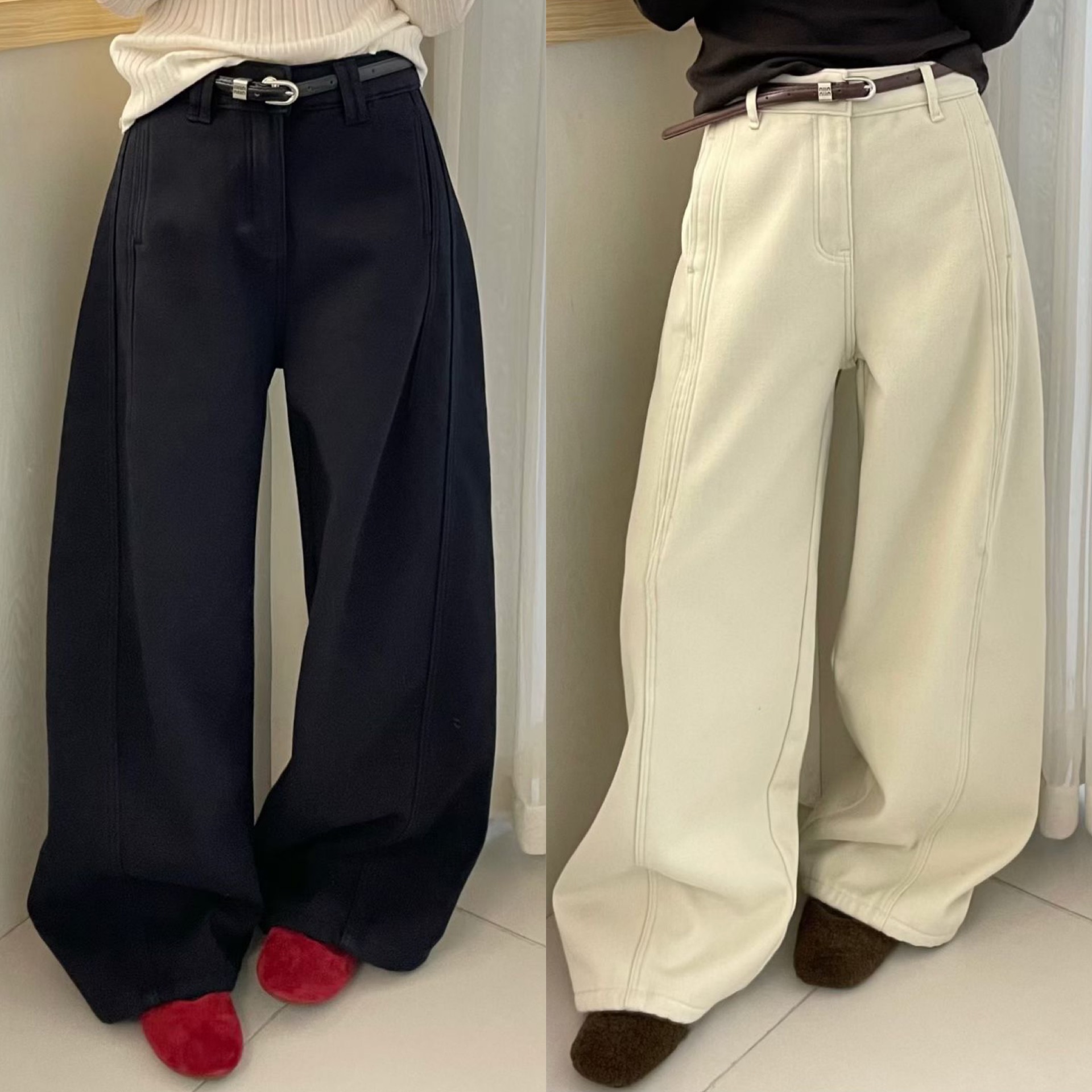 欧洲站2025冬季新款高腰口袋侧压线设计净版加绒休闲裤慵懒长裤潮