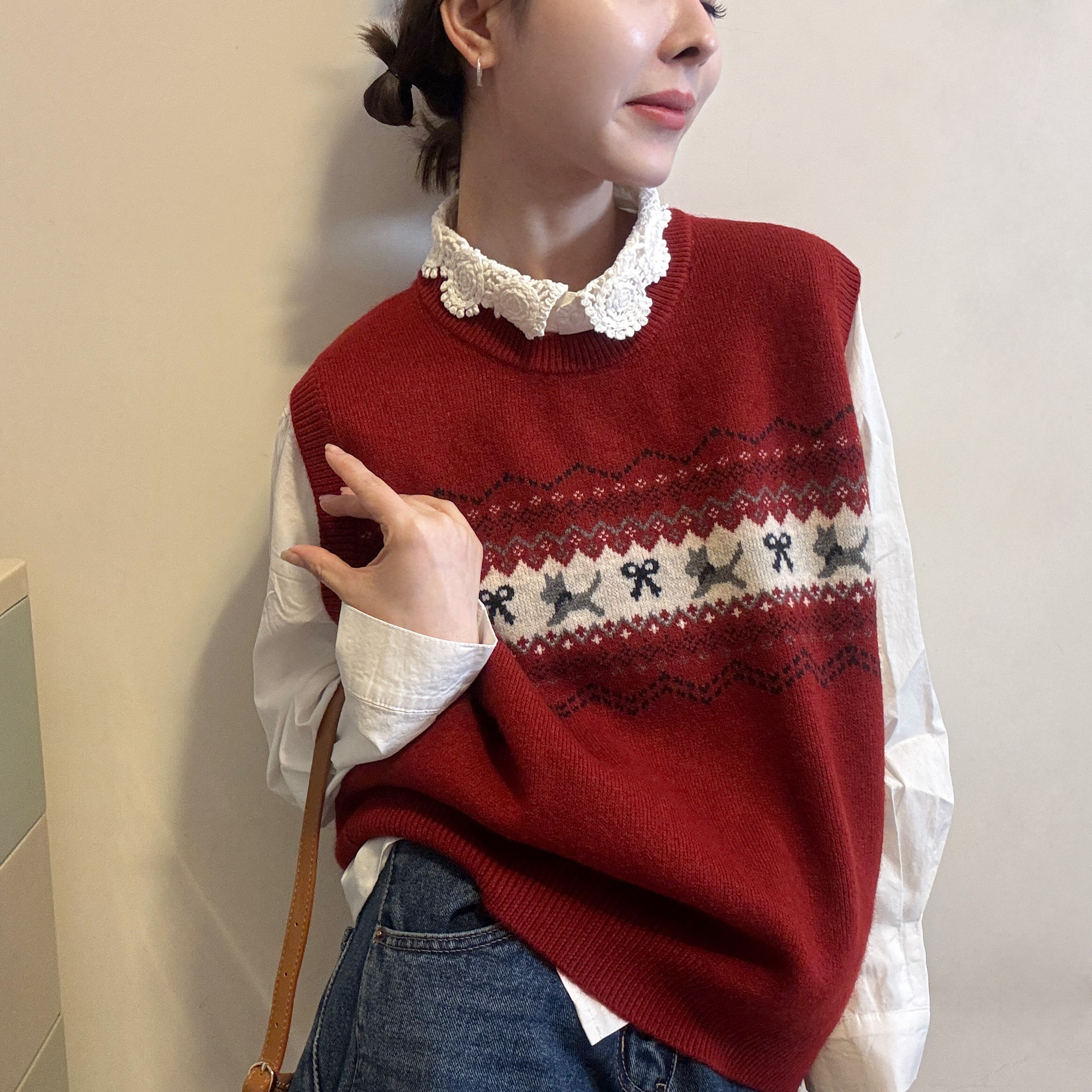 欧洲站2026早春新款圆领韩系复古卡通提花针织衫背心无袖叠穿马甲