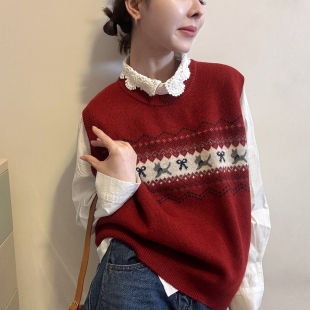 欧洲站2026早春新款圆领韩系复古卡通提花针织衫背心无袖叠穿马甲