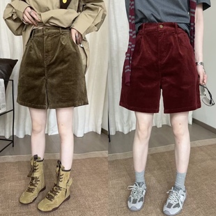 欧洲站2025早秋高腰一粒扣后松紧显瘦阔腿五分裤 女 休闲灯芯绒中裤