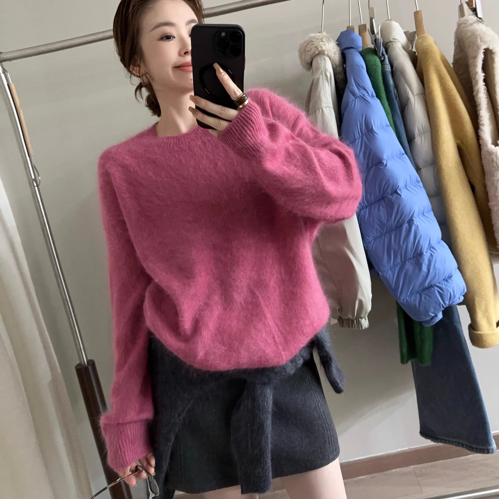 欧洲站2025冬季ins圆领落肩套头软糯松弛感糖果色羊毛针织衫毛衣