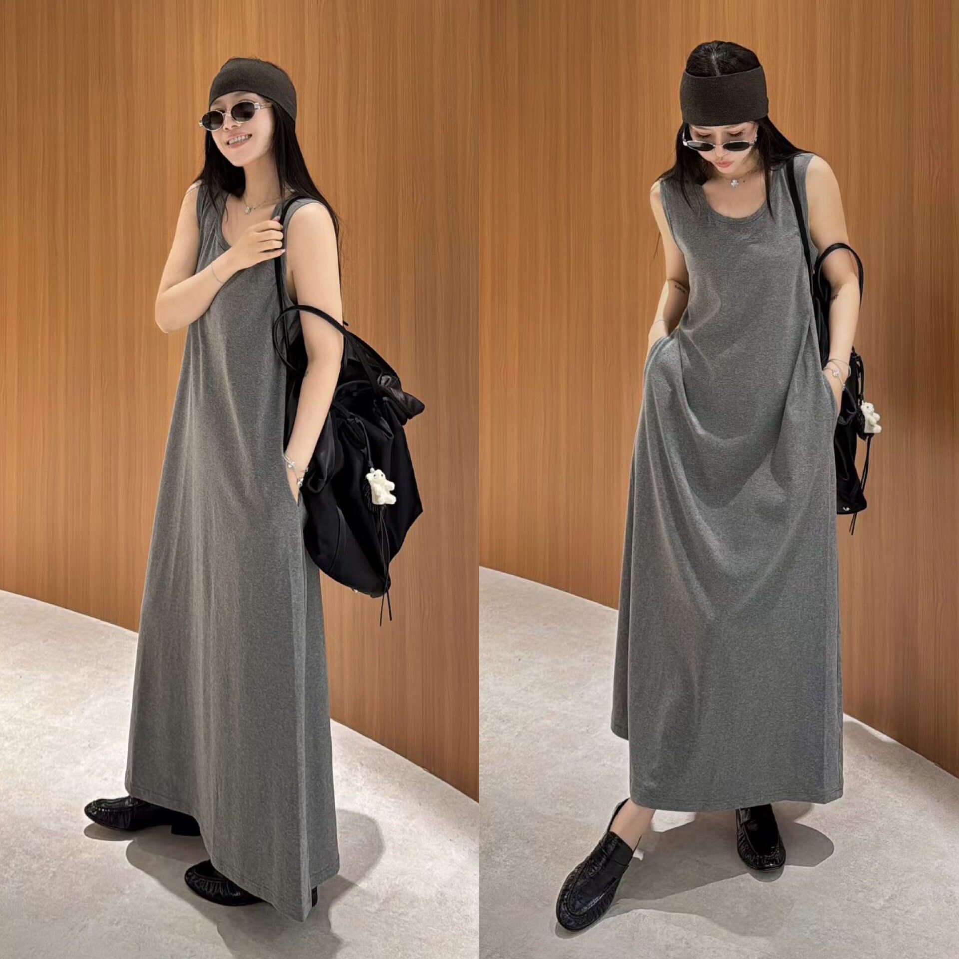 欧洲站2026春季洋气U领过膝中长款无袖T恤背心裙A字版长裙连衣裙