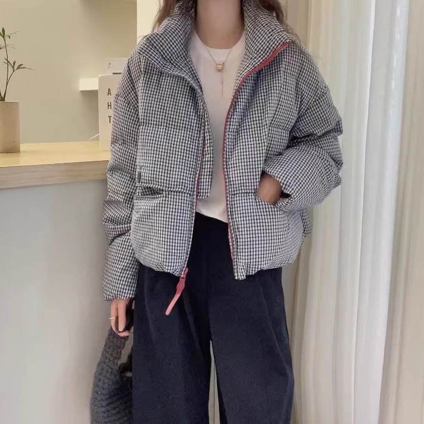 欧洲站2025冬季欧货立领撞色红拉链短款时尚格子白鸭绒羽绒服外套