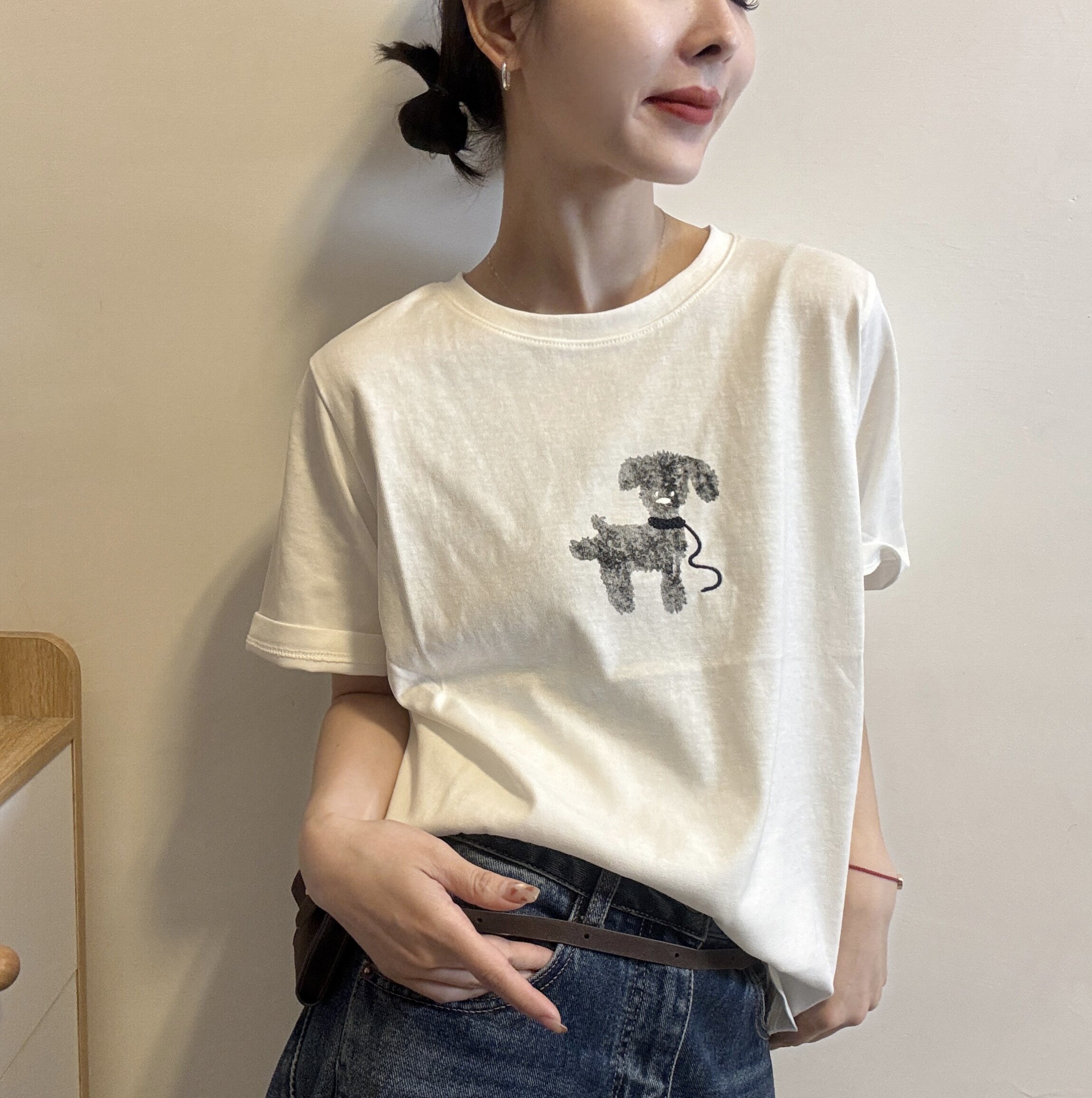 欧洲站2026春季简约基础圆领涂鸦小狗图案印花短袖宽松T恤上衣潮
