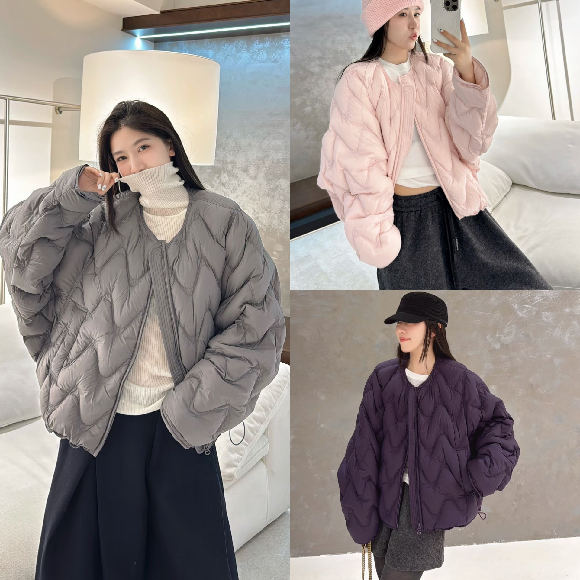 欧洲站2025秋冬慵懒风圆领蝙蝠袖短款波流纹压线轻薄羽绒服外套潮