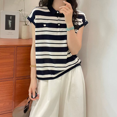 欧洲站2026春夏韩系小翻领精致爱心刺绣薄款短袖撞色条纹绢丝T恤