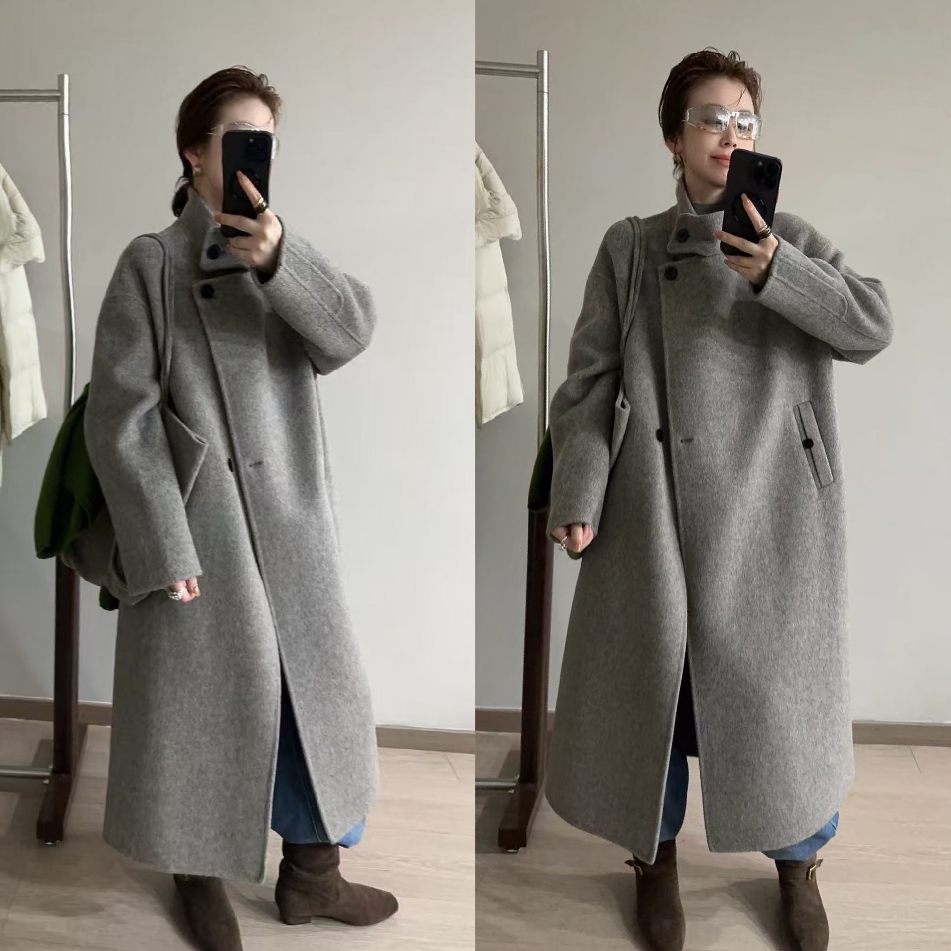 欧洲站2025秋冬新款气质立领侧扣过膝中长款配包包羊绒大衣外套潮