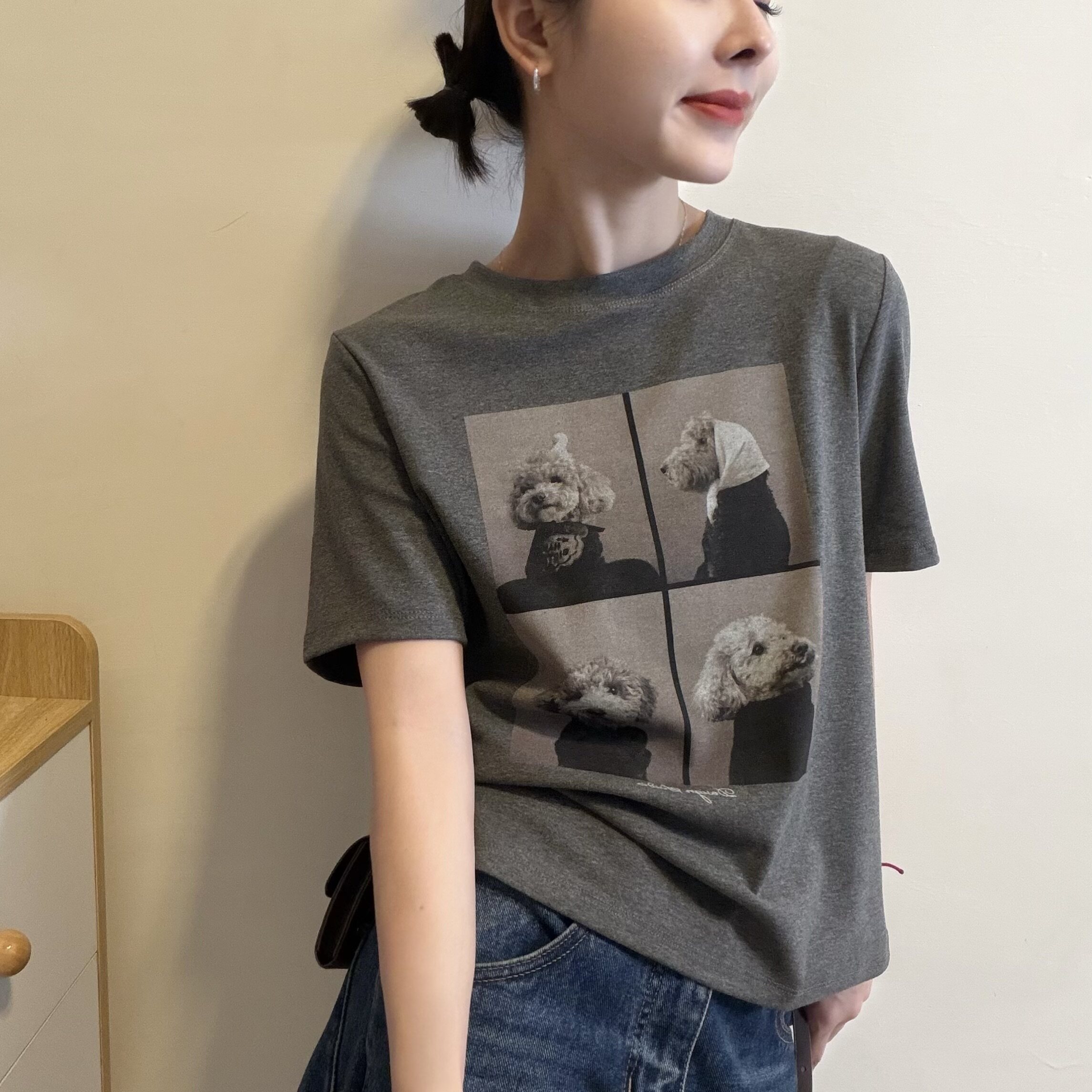 欧洲站2026夏季新款圆领可爱四宫格小狗图案印花短袖百搭棉T恤潮