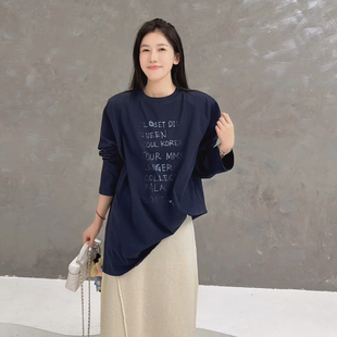 调性字母印花欧货大版 欧货圆领大垫肩长袖 T恤 新款 欧洲站2025秋季