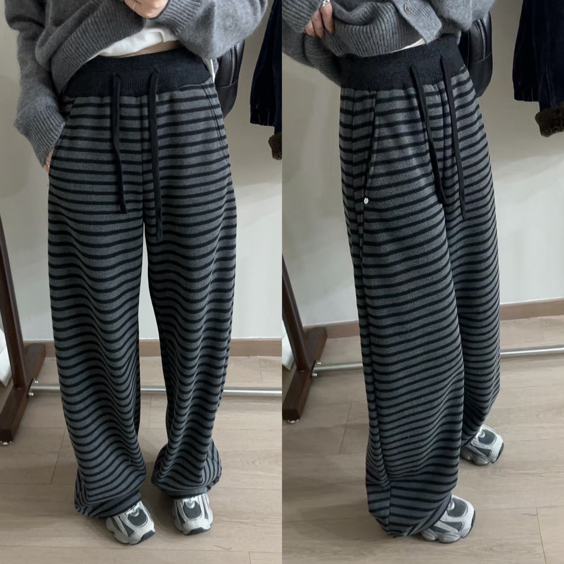 欧洲站2025冬季抽绳松紧腰口袋贝壳扣束脚加厚一体绒条纹裤休闲裤