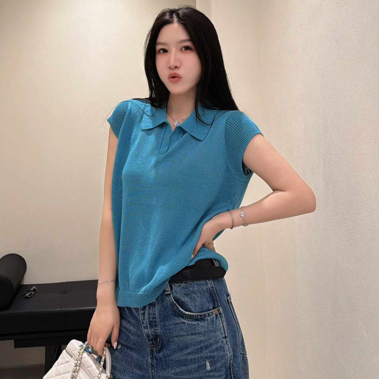 欧洲站2026夏季时尚气质POLO领薄款套头飞飞袖糖果色亚麻针织衫潮