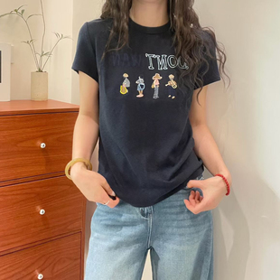 欧洲站2026春季圆领创意人像字母刺绣短袖T恤女百搭正肩小版上衣