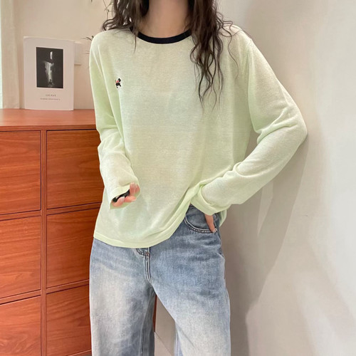 欧洲站2026春季新款圆领拼色小狗刺绣薄款慵懒风长袖亚麻针织衫女