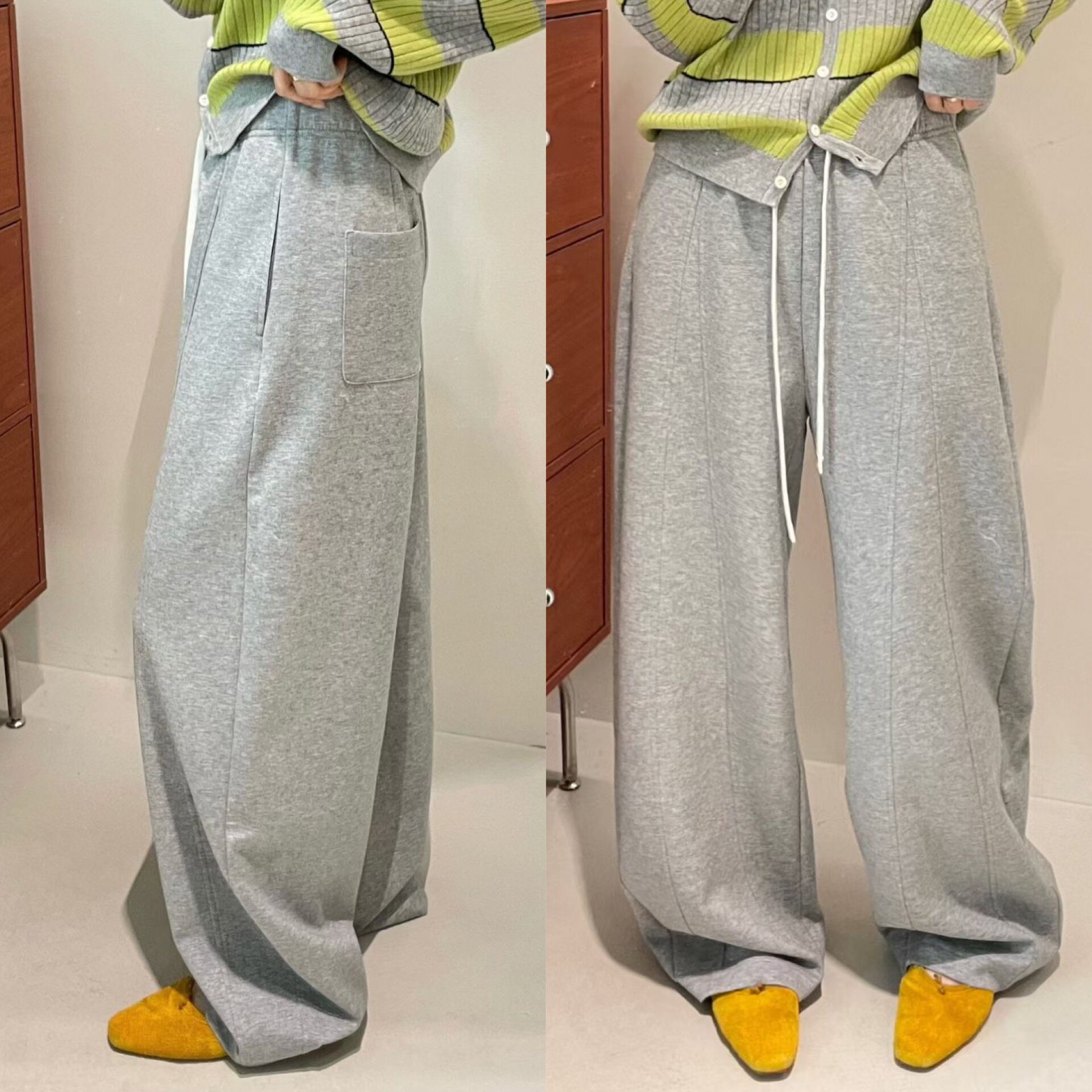 欧洲站2026春季纯色抽绳松紧腰侧压线慵懒卫裤百搭灰色休闲裤女裤
