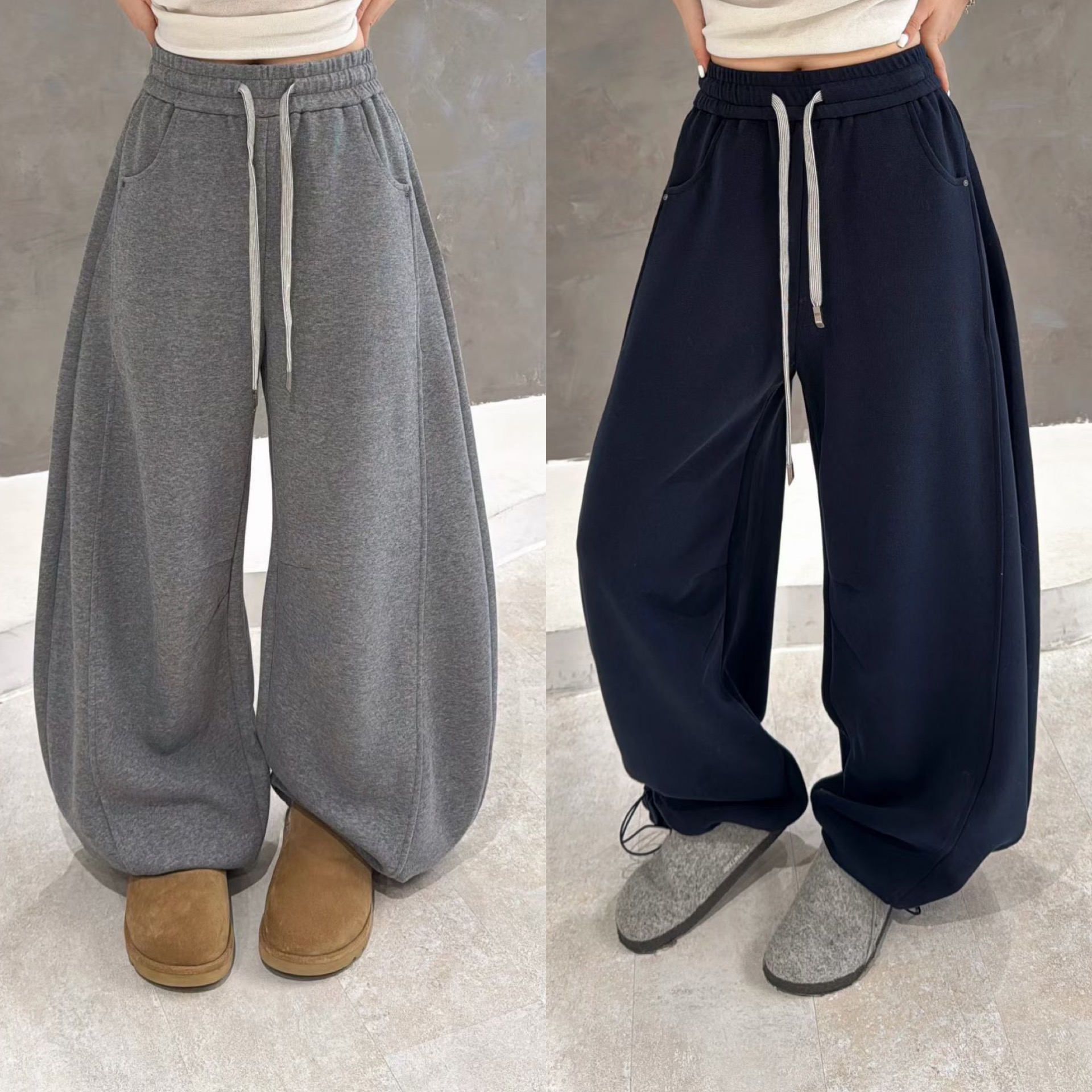 欧洲站2025秋冬新款纯色系带松紧腰压线显瘦弯刀裤慵懒卫裤休闲裤