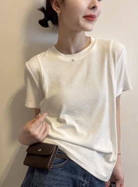 欧洲站2026春夏新品圆领简约M字母定标正肩百搭打底衫净版短袖T恤