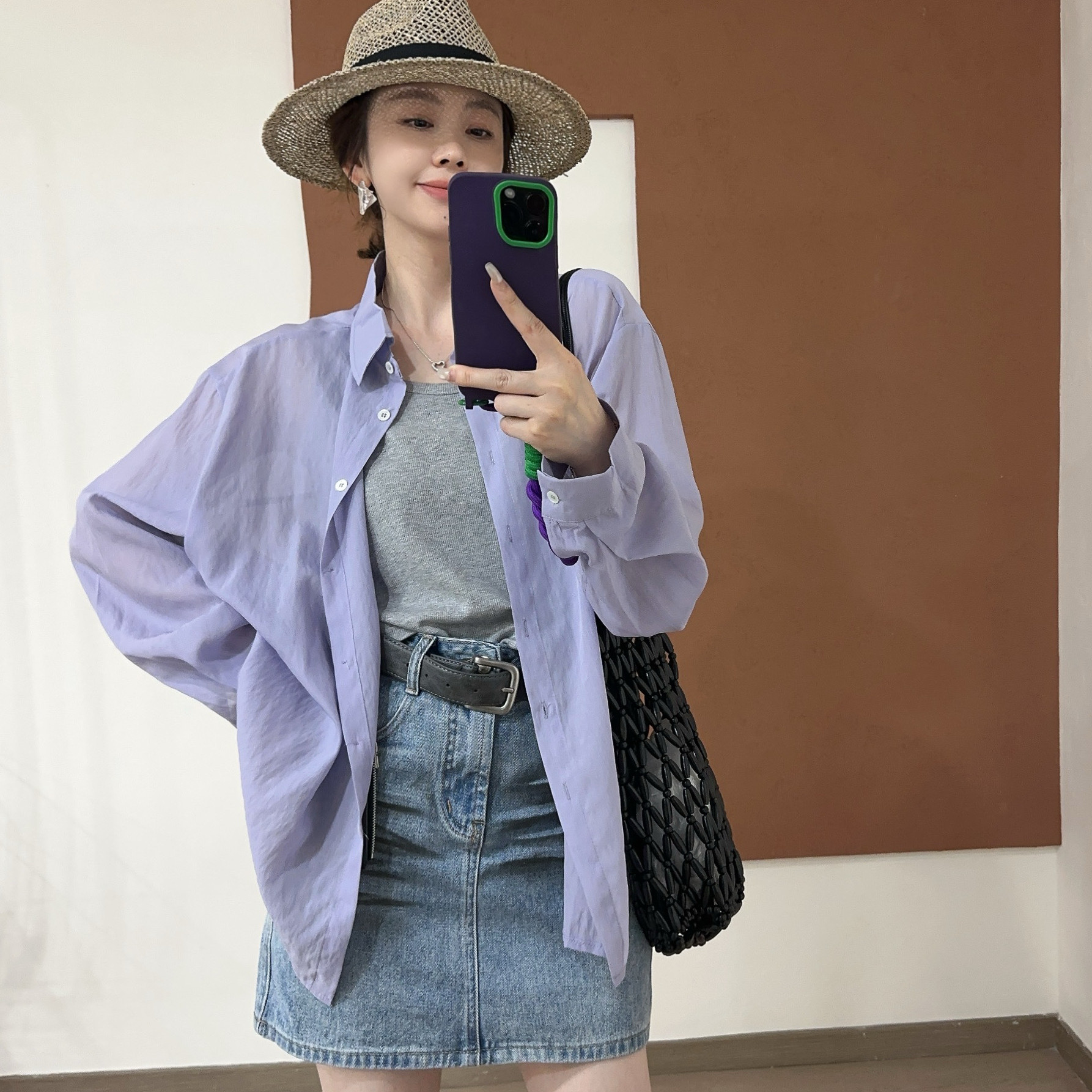 欧洲站2026夏季简约POLO领吊带背心两件套小众长袖紫色防晒衬衫女