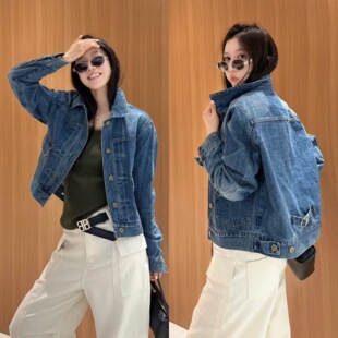 欧洲站2026春季 机车风帅气牛仔衣外套 港风POLO领后摆口袢设计短款