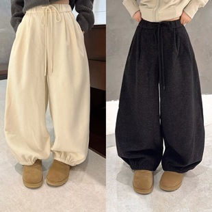 百搭羊毛休闲裤 净版 欧货系带松紧腰慵懒束脚灯笼裤 欧洲站2025冬季