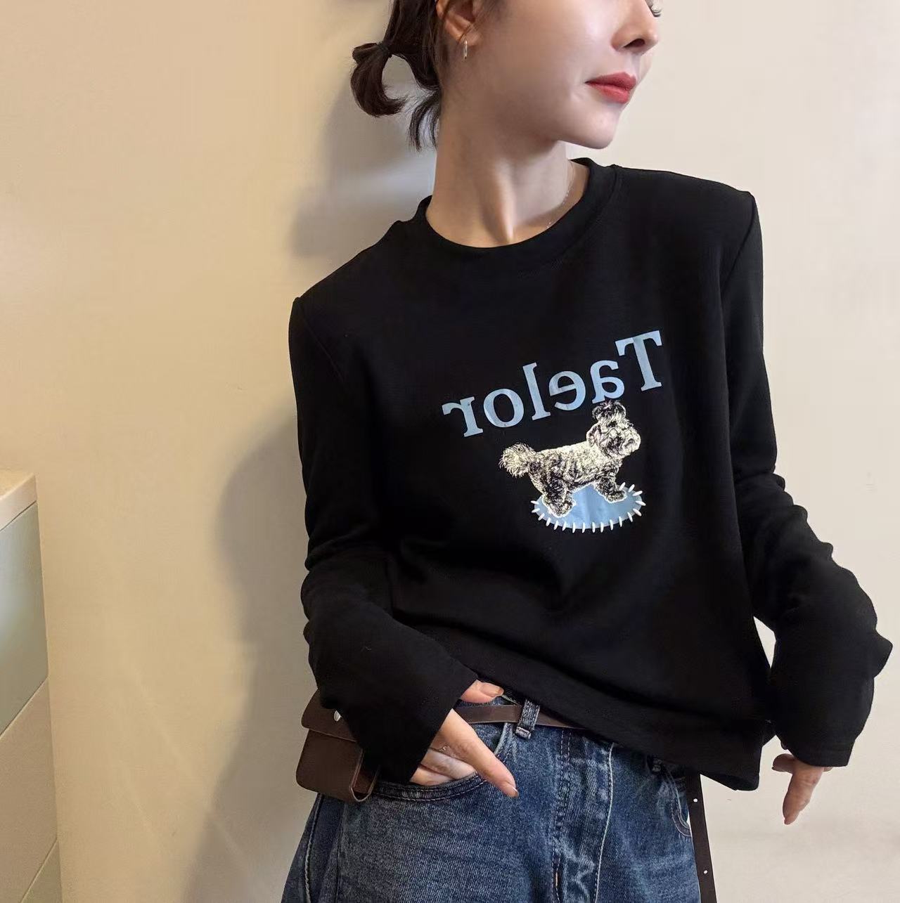 欧洲站2025秋冬新款圆领可爱卡通小狗字母印花长袖磨毛T恤打底衫