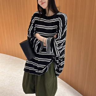 T恤女潮 中长撞色条纹大版 欧洲站2026春季 欧货圆领慵懒松弛感长袖