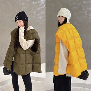 欧洲站2025秋冬欧货圆领调性廓肩大版 中长方格压线羽绒服马甲外套