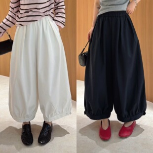 女 时髦灯笼裤 欧洲站2026春季 纯色松紧高腰褶皱纽扣设计阔腿九分裤