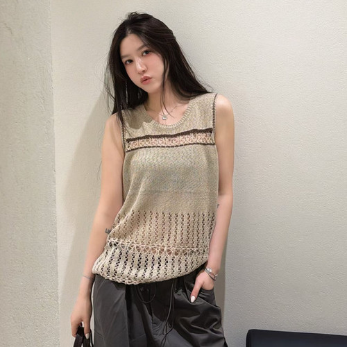 欧洲站2026春夏新款圆领复古拼色薄款无袖镂空钩花针织衫背心上衣