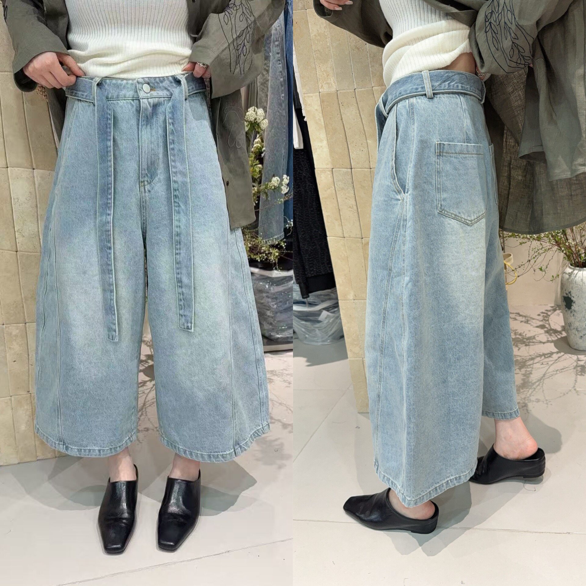 欧洲站2026春季时尚系带高腰直筒九分裤显瘦百搭阔腿浅色牛仔裤潮