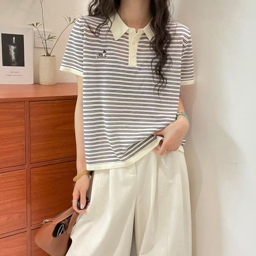 欧洲站2026春夏薄款POLO领套头短款卡通刺绣短袖条纹亚麻针织衫女