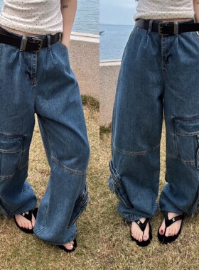 欧洲站2026春季欧货高腰街头风立体拉链大口袋工装牛仔裤休闲长裤