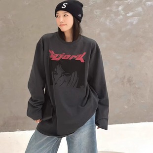 欧洲站2025秋冬欧货圆领潮流抽象人物字母印花廓肩大版 T恤女 长袖