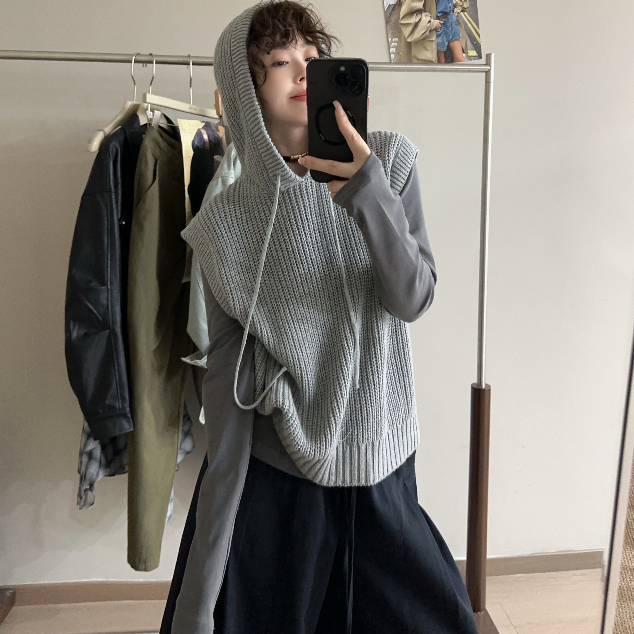 欧洲站2026春季韩味长袖T恤打底无袖连帽针织背心两件套上衣女潮