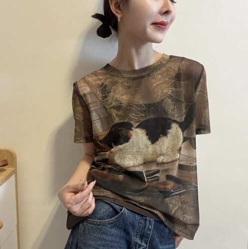 欧洲站2026夏季薄款圆领复古晕染猫咪图案短袖网纱T恤打底衫上衣