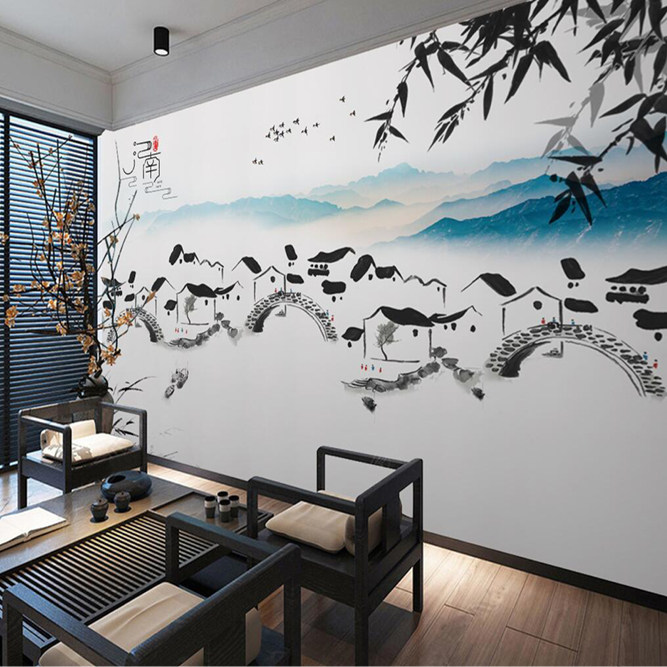 新中式极简江南水乡水墨山水画背景墙壁画餐厅墙纸餐厅餐馆墙纸,家装主材,定制壁画,淘宝优惠券,粉丝福利购,淘宝优惠卷