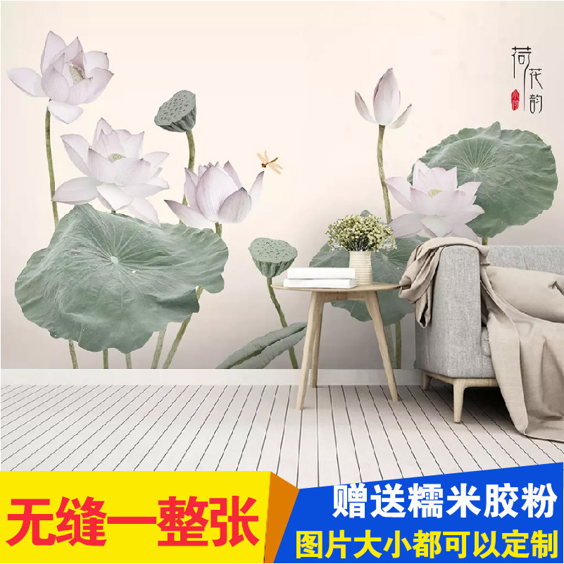 新中式禅意荷花意境清新养生会所包间客厅背景墙壁画电视沙发墙纸,家装主材,定制壁画,淘宝优惠券,粉丝福利购,淘宝优惠卷