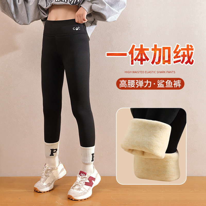 秋冬季女童加绒加厚打底裤中大童外穿鲨鱼裤芭比裤女孩一体保暖裤