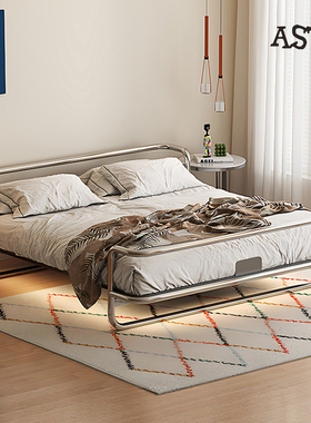 ASTA设计师不锈钢床铁艺双人包豪斯轻奢金属工业风床中古铁架床