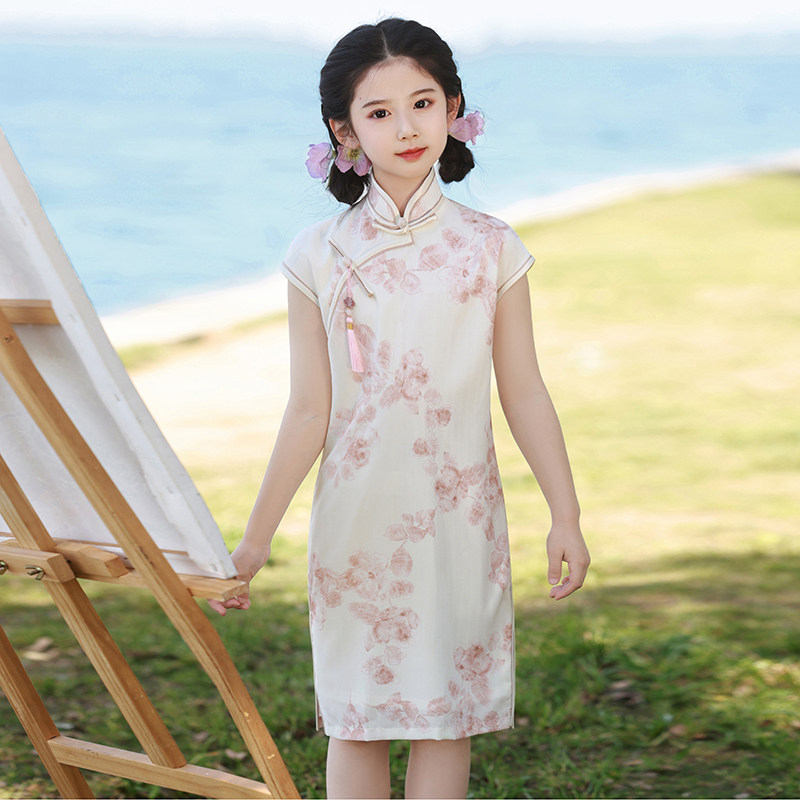 粉色女童旗袍裙2024新款夏季小女孩甜美清新日常改良新中式连衣裙