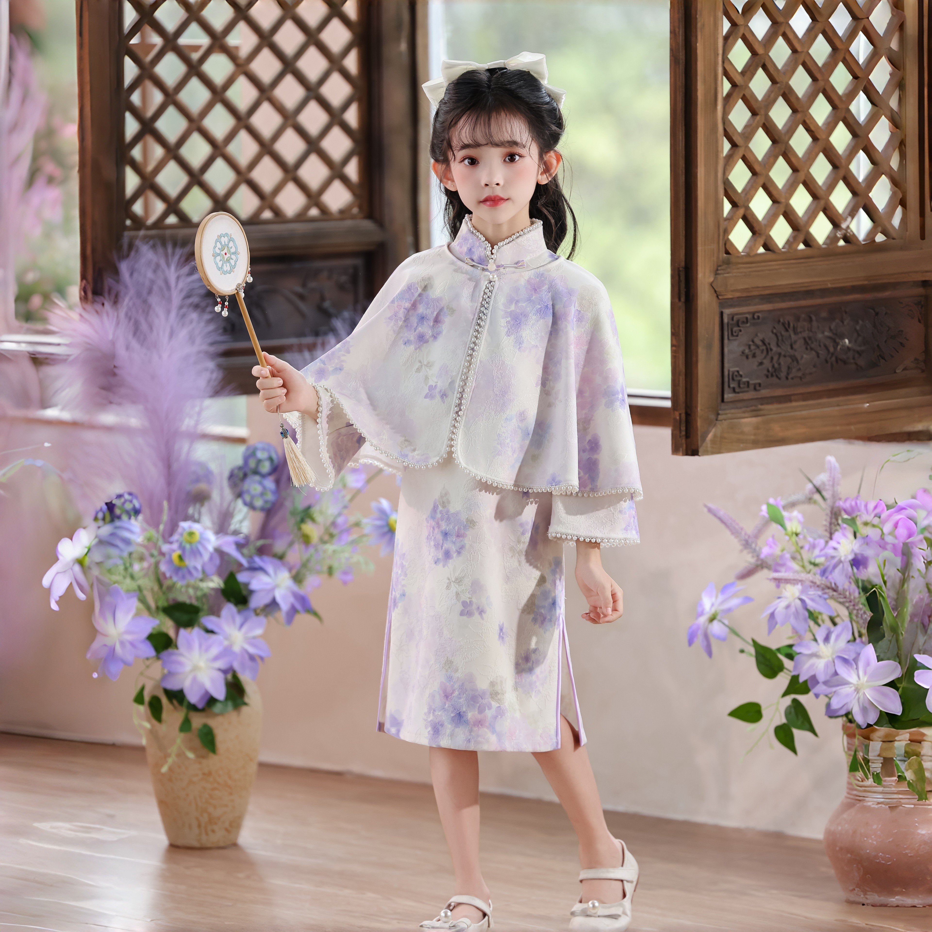 女童新中式披肩旗袍连衣裙秋季