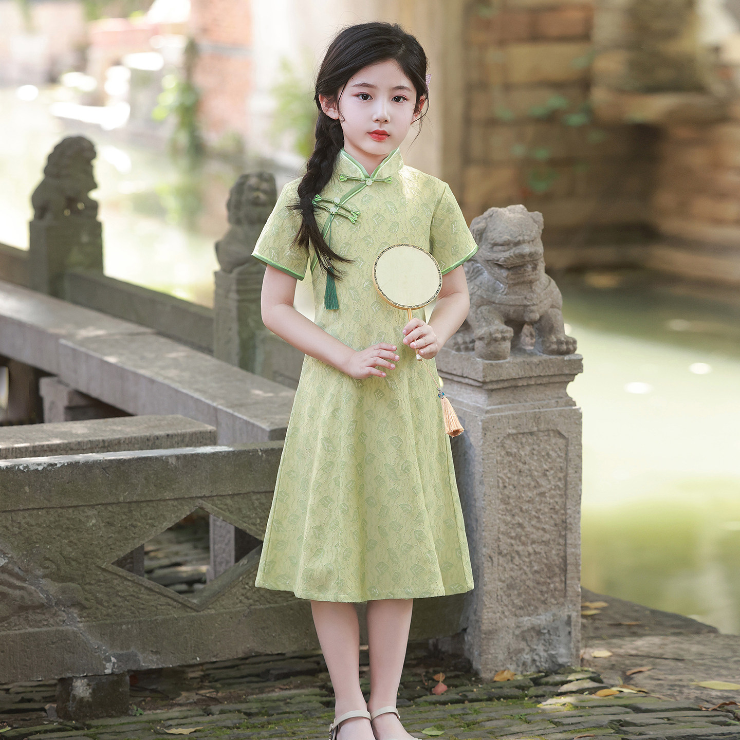 女童旗袍裙2026新款绿色夏季绿色