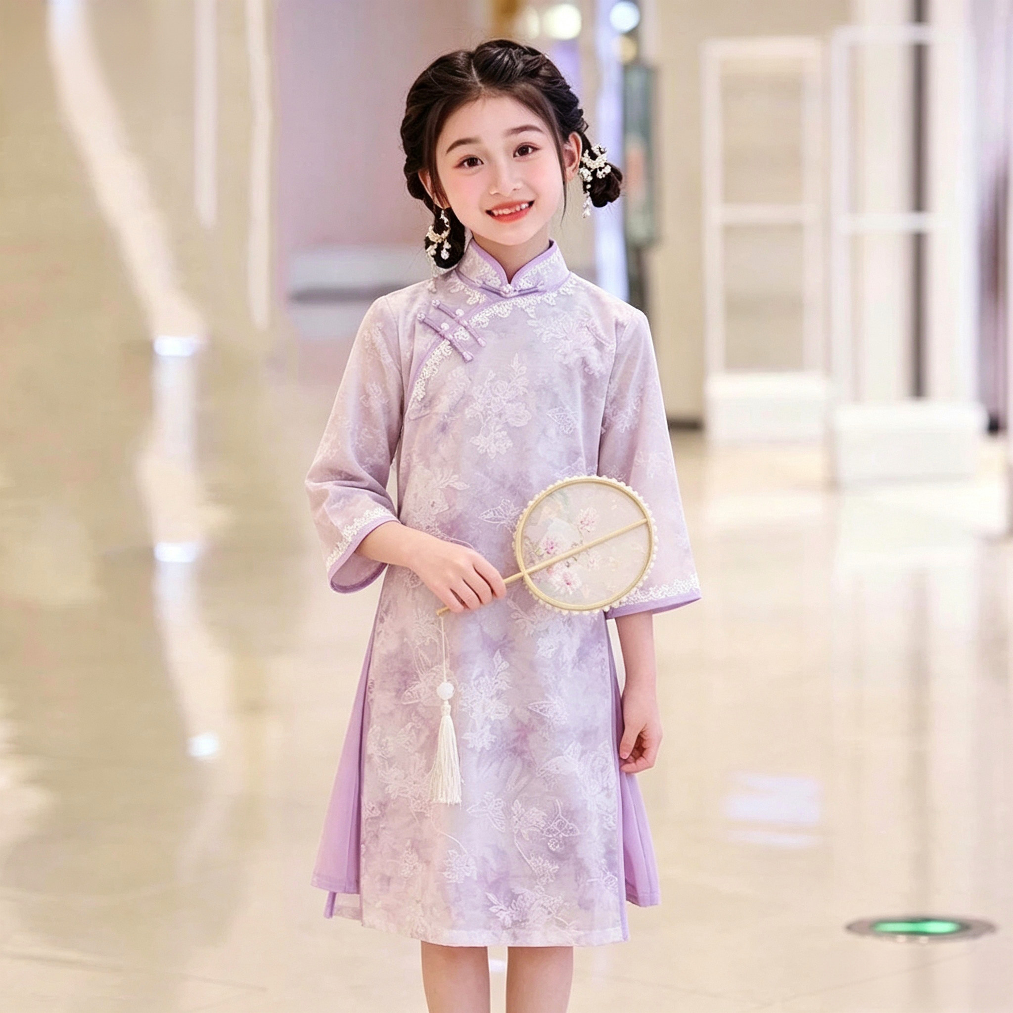 女童秋季紫色新中式改良旗袍