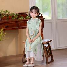 女童旗袍2025新款中国风新中式儿童连衣裙夏季绿色无袖小女孩大童