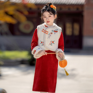 女童红色旗袍拜年服新中式马甲套装中国风儿童过年喜庆唐装新年装